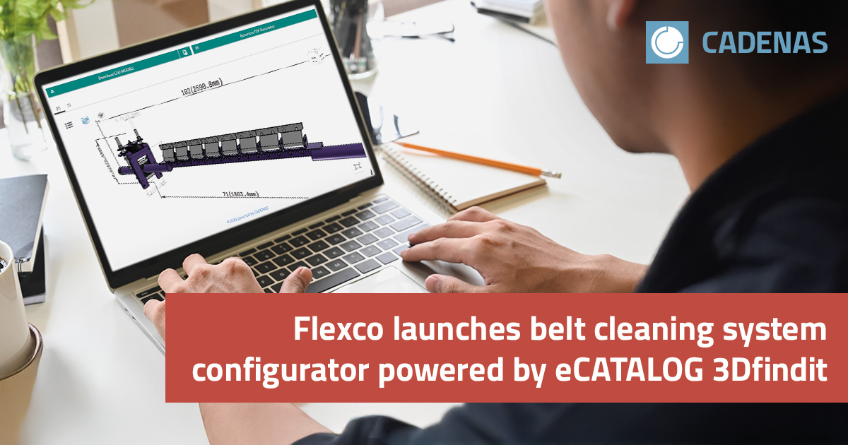 Flexco Launches Belt Cleaning System Configurator Powered by eCATALOG 3Dfindit. Person using a laptop to view a belt cleaning system in a 3D configurator, with overlay text reading “Flexco launches belt cleaning system configurator powered by eCATALOG 3Dfindit” and the CADENAS logo in the corner.