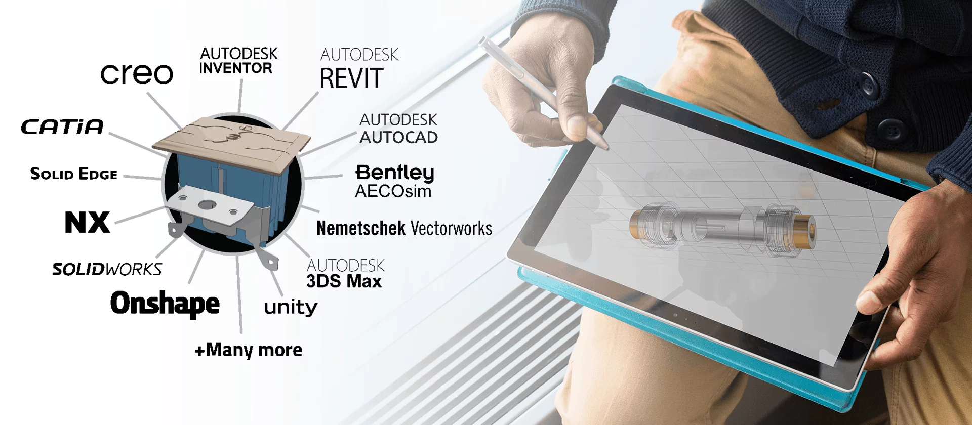 Logos of different CAD formats around a 3D part model next to a person looking at a 3D part model on a tablet. Native CAD Content: CADENAS Expands Manufacturer Catalogs with New Formats 