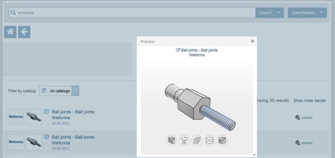 3D Vorschau der CAD Komponenten von CADENAS 3D Vorschau der CAD Komponenten in den Ergebnissen geometrisch ähnlicher Teile