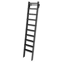 A black telescoping ladder extends vertically, with overlapping sections visible, set against a plain white background.