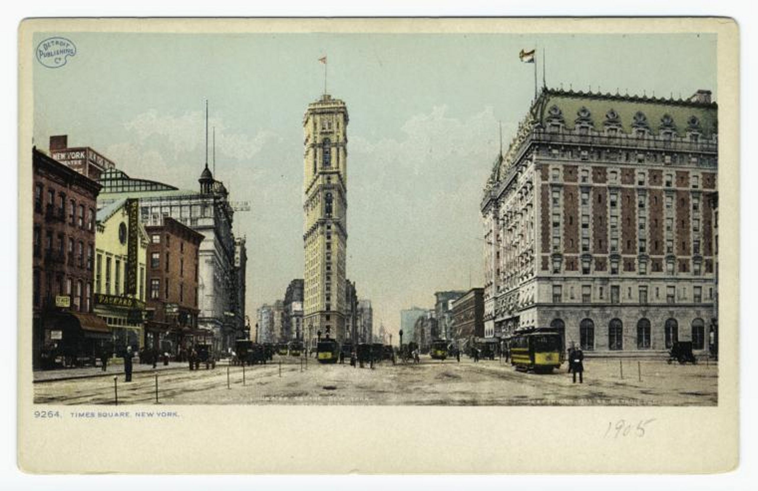 A painting of Longacre Square (now called Times Square), in New York City in 1905. The New York Times' original headquarters, One Times Square, sits in the middle. Engineering the Times Square New Year’s Eve Ball Drop. New York Public Library Public Domain Image ID 836169.