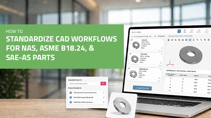 How Can Engineers Standardize CAD Workflows for NAS, SAE-AS, and ASME B18.24 Parts? A laptop displays the 3Dfindit search platform with a 3D washer model and standards-based part listings, alongside the headline “How to Standardize CAD Workflows for NAS, ASME B18.24, & SAE-AS Parts.”