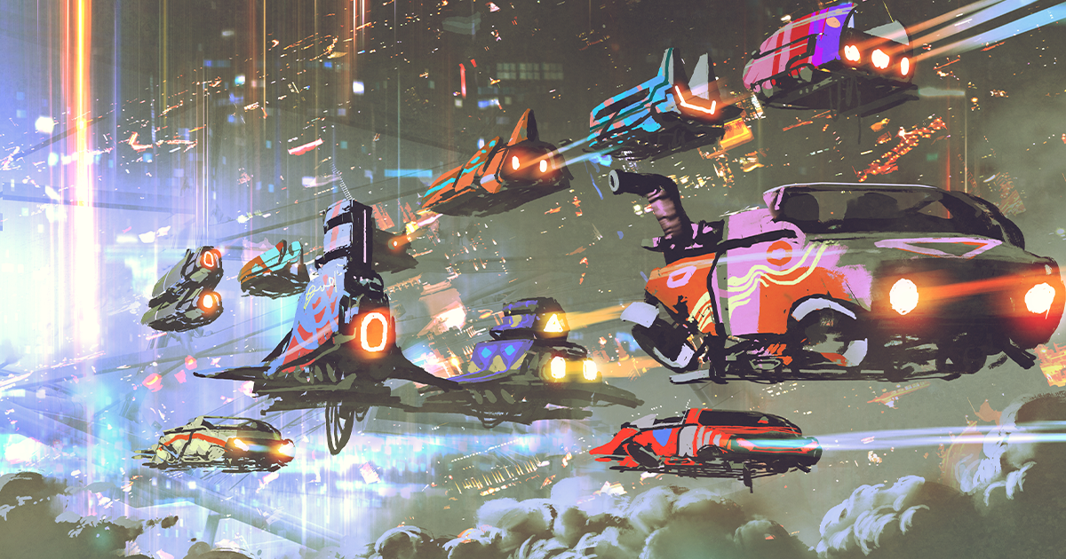 A painting of brightly-colored, futuristic flying cars driving in traffic. Engineering Cartoon Cars: Real-Life Automotive Ingenuity [VIDEO]