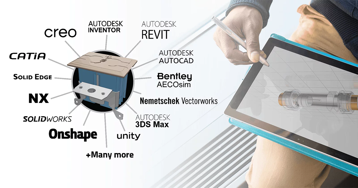 Logos of different CAD formats around a 3D part model next to a person looking at a 3D part model on a tablet. Native CAD Content: CADENAS Expands Manufacturer Catalogs with New Formats 