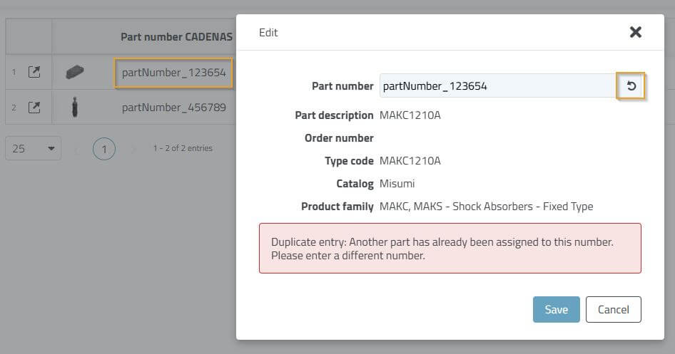 Partnumber Edit Duplicate Number