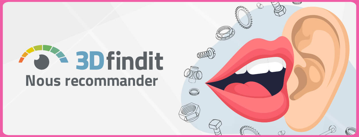 Une bouche illustrée près d'une oreille parle tandis que des pièces mécaniques flottent autour d'elle. Le texte se lit comme suit : « 3Dfindit Nous recommander ». L'arrière-plan est clair avec une bordure rose.